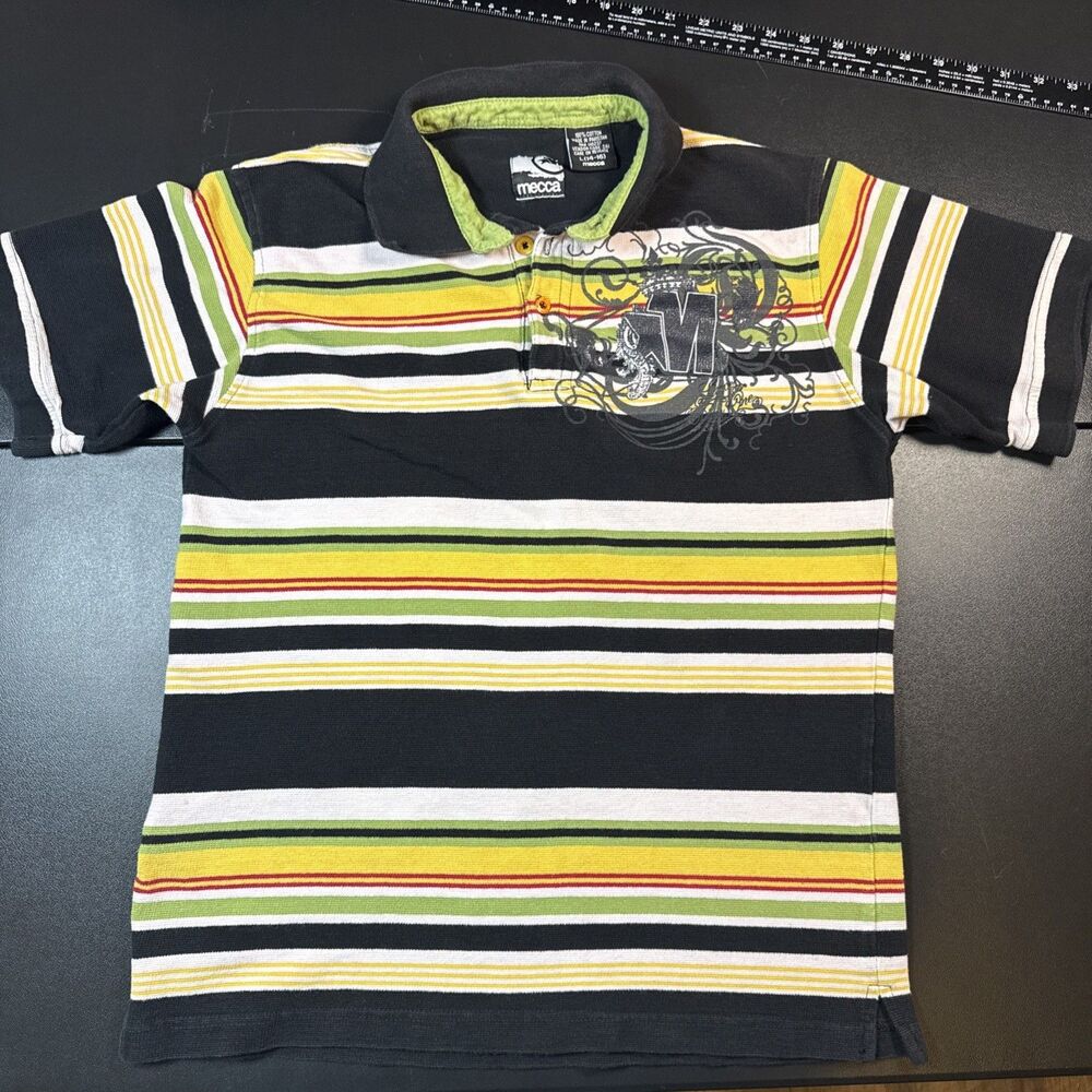 Mecca Striped Polo Shirt Skater Men's Size S 14-16 Green Y2K Graphic